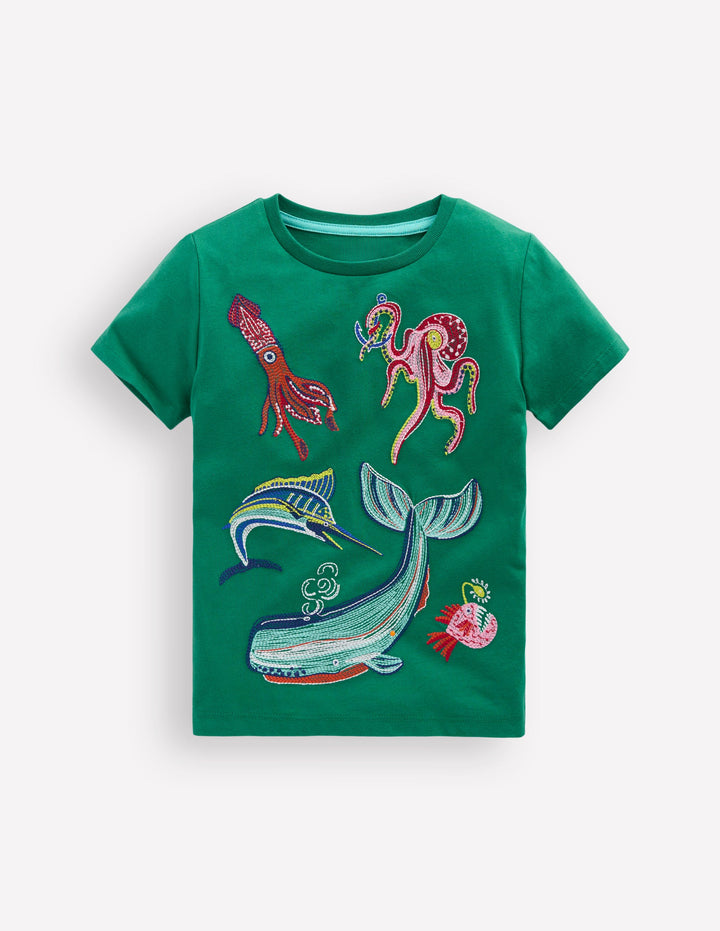 Glow Superstitch T-Shirt-Jewel Green Sea Creatures