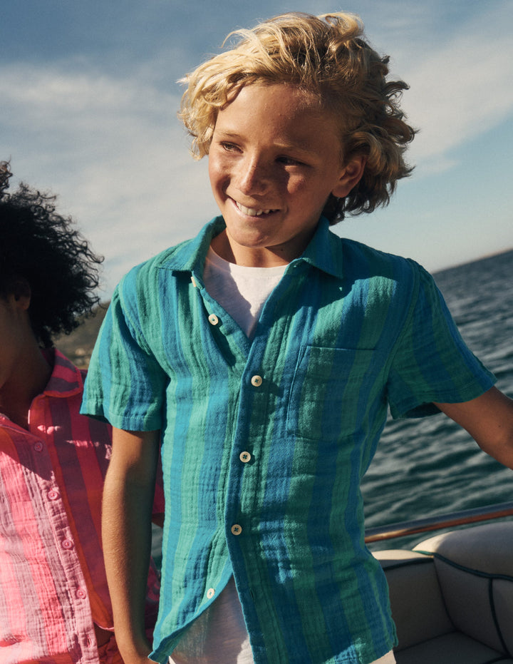 Double Cloth Shirt-Green and Blue Stripe