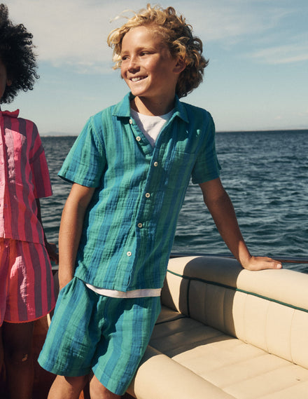 Double Cloth Shorts-Green and Blue Stripe