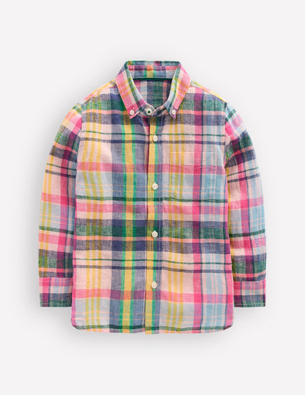 Long Sleeve Cotton Linen Shirt-Madras Check