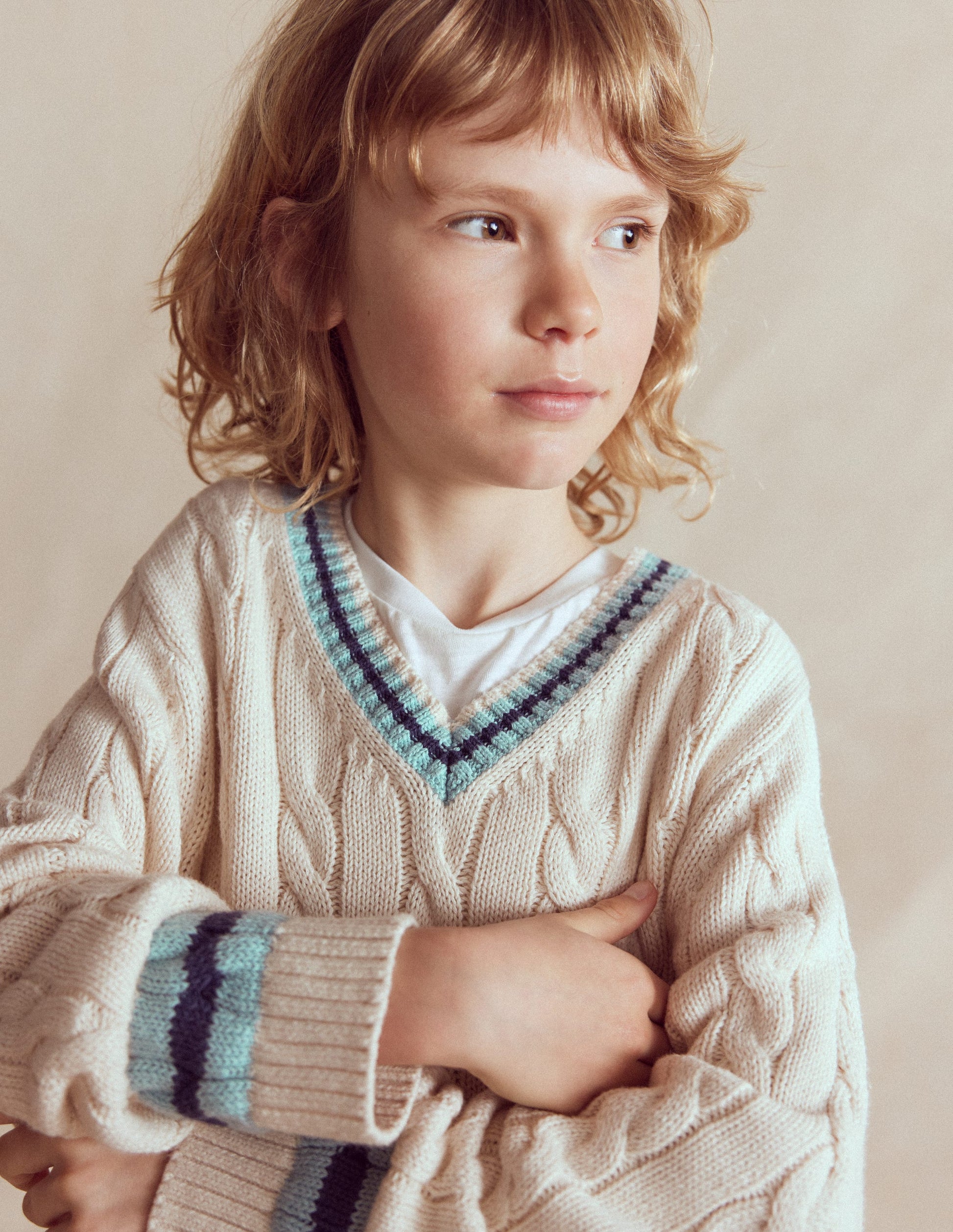 V-neck Cable Jumper-Ivory-2