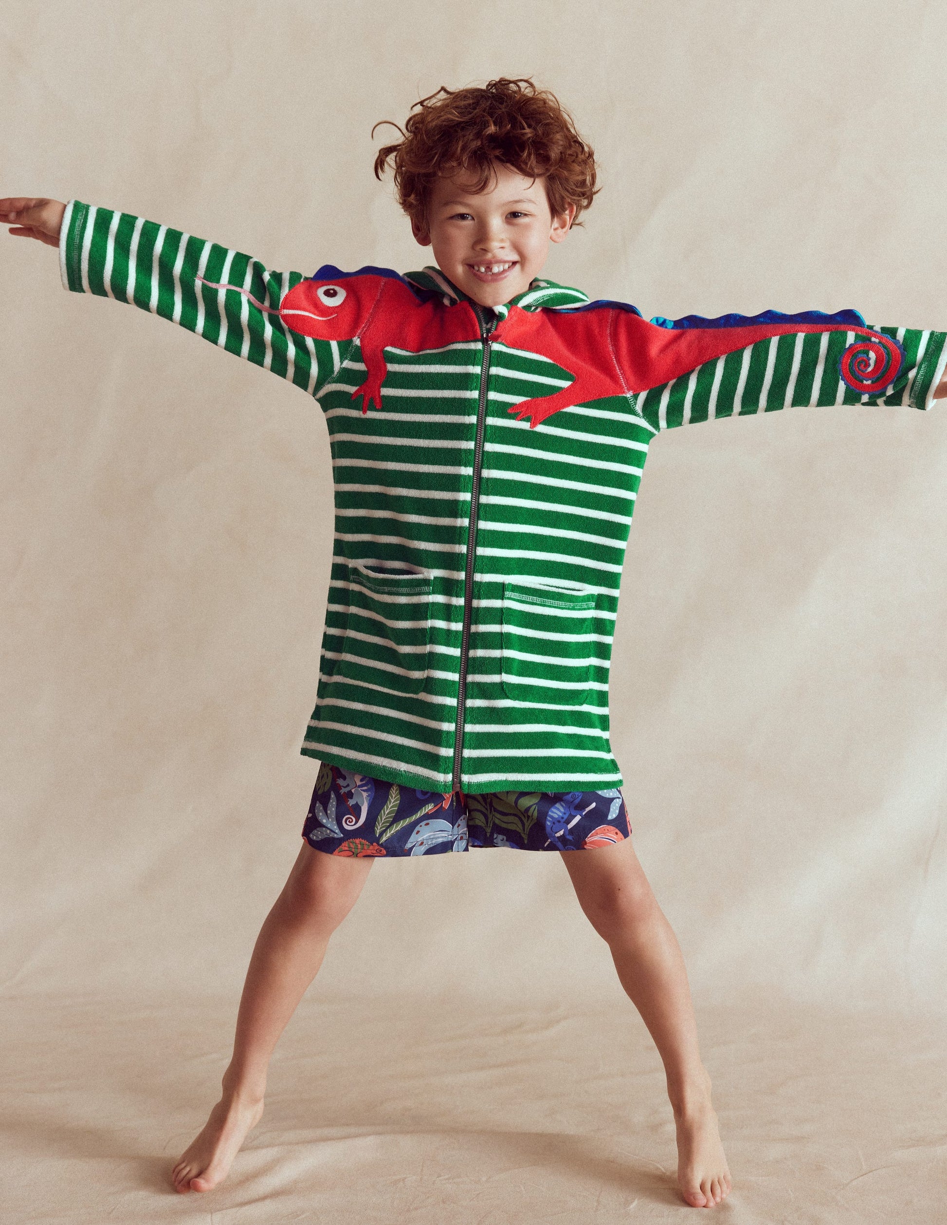 Fun Towelling Zip-up Throw On-Chameleon Green Stripe-1