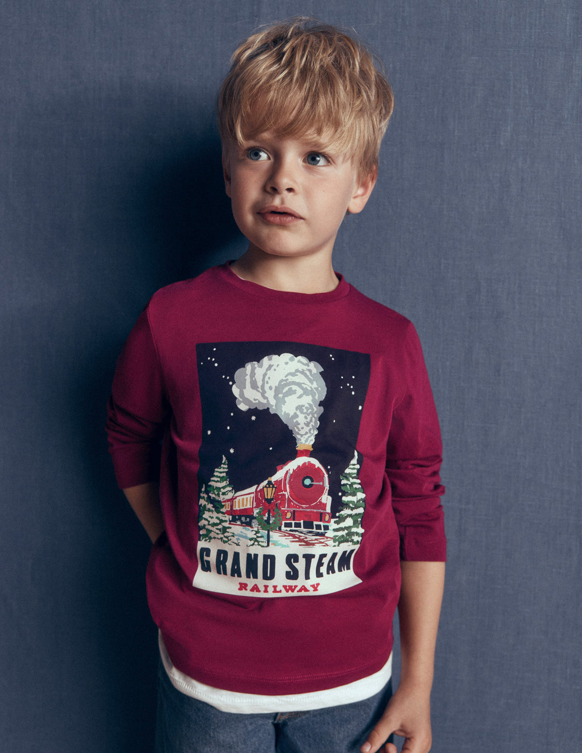 Long Sleeve Printed T-shirt-Red Steam Train-1