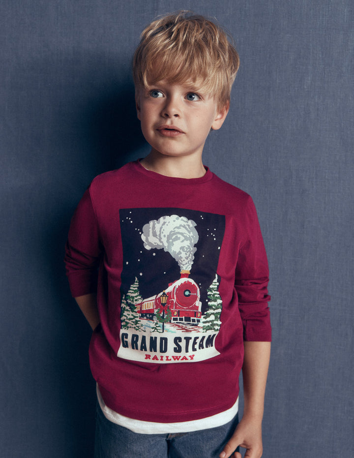 Long Sleeve Printed T-shirt-Red Steam Train
