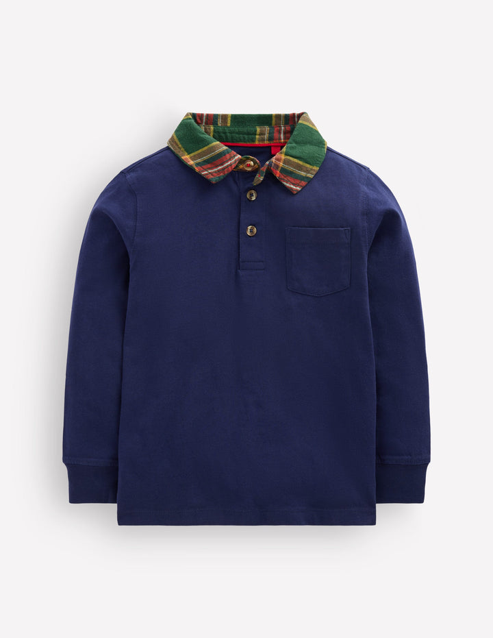 Long Sleeve Smart Polo Shirt-College Navy/Green Check