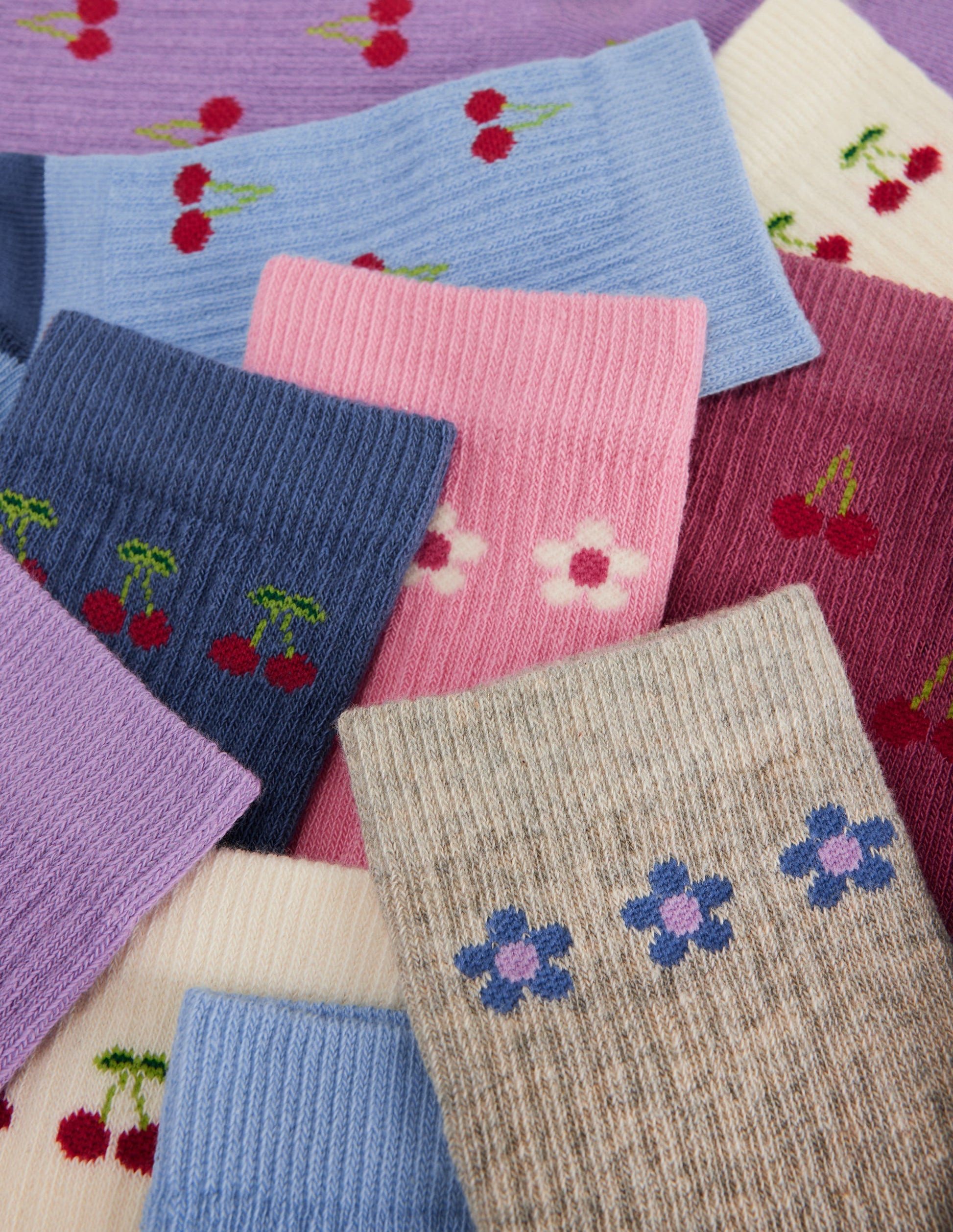 7 Pack Ribbed Socks (Girls)-Fun Cherries-2