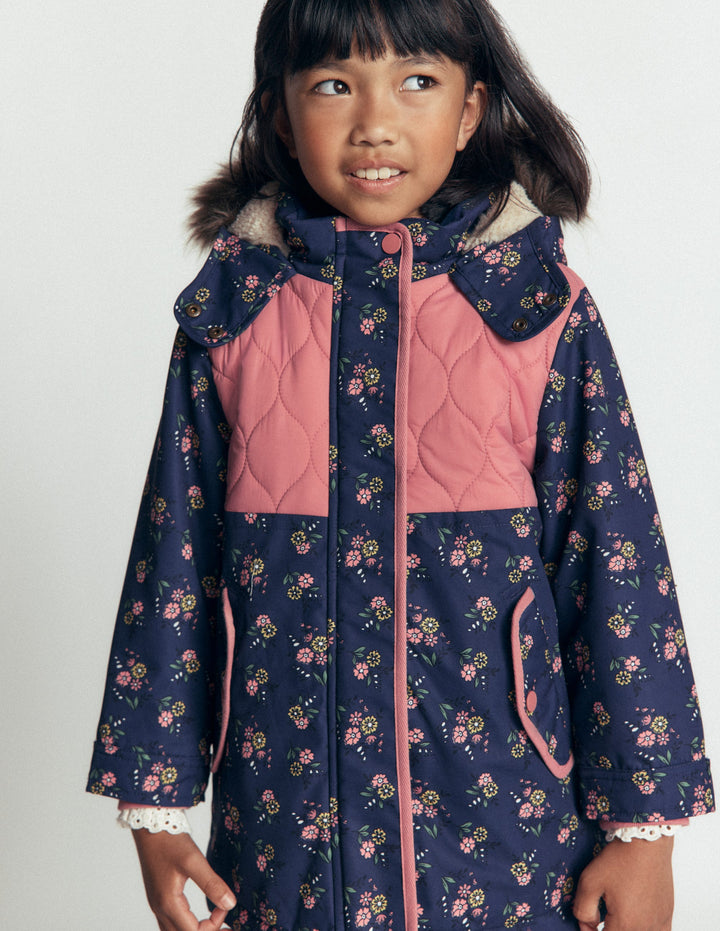 Joni Quilted Parka Coat-Navy Floral