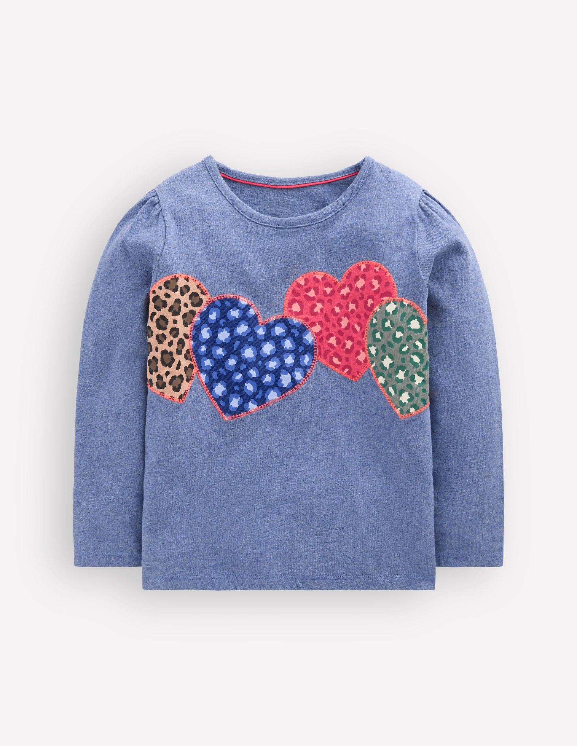 Puff Sleeve Appliqué  T-shirt-Blue Marl Patchwork Heart-1