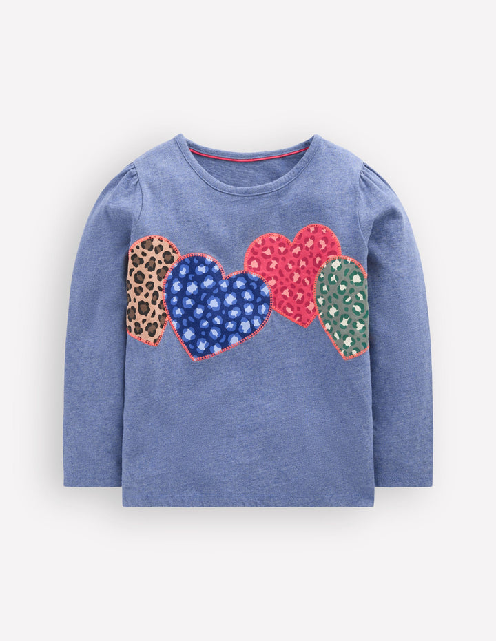 Puff Sleeve Appliqué  T-shirt-Blue Marl Patchwork Heart