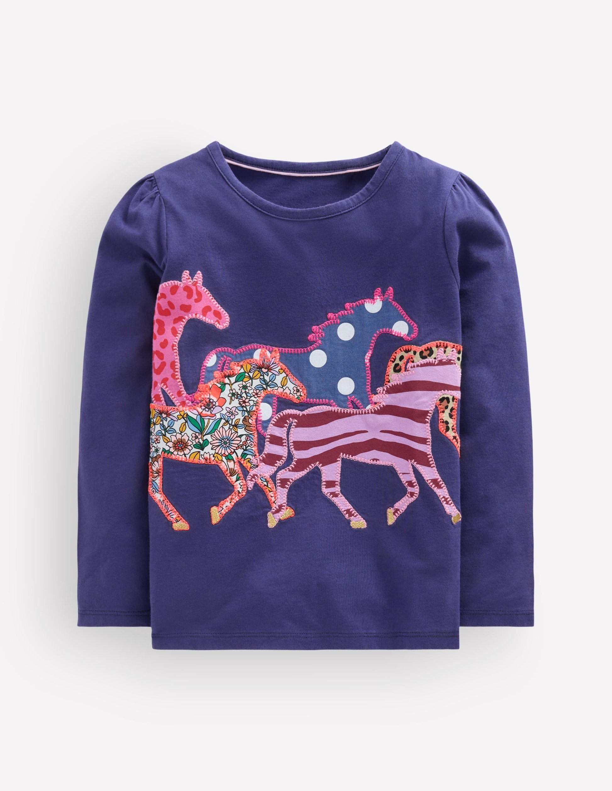 Puff Sleeve Appliqué  T-shirt-College Navy Horses-1