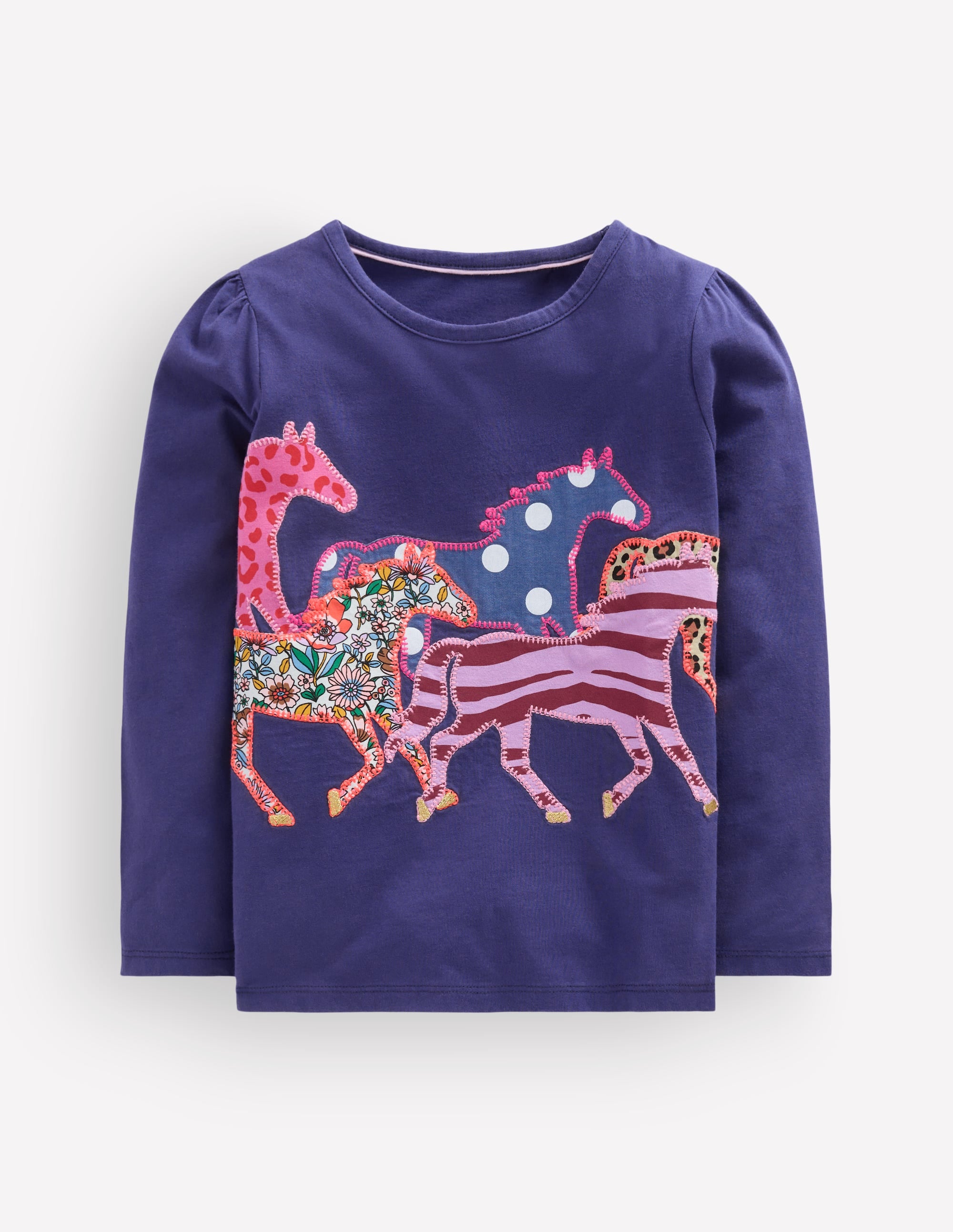 Puff Sleeve Appliqué  T-shirt-College Navy Horses - Image 1