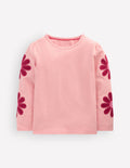 Puff Sleeve Appliqué  T-shirt-Pink Marl Flowers