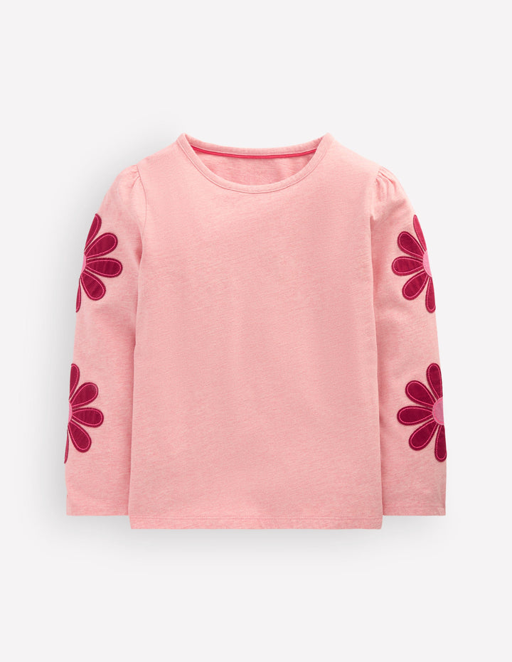 Puff Sleeve Appliqué  T-shirt-Pink Marl Flowers
