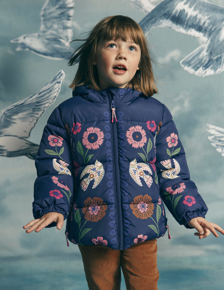 Fun Padded Coat-Navy Bird Placement Print
