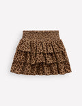 Smocked Waist Ruffle Skirt-Brown Leopard Cord
