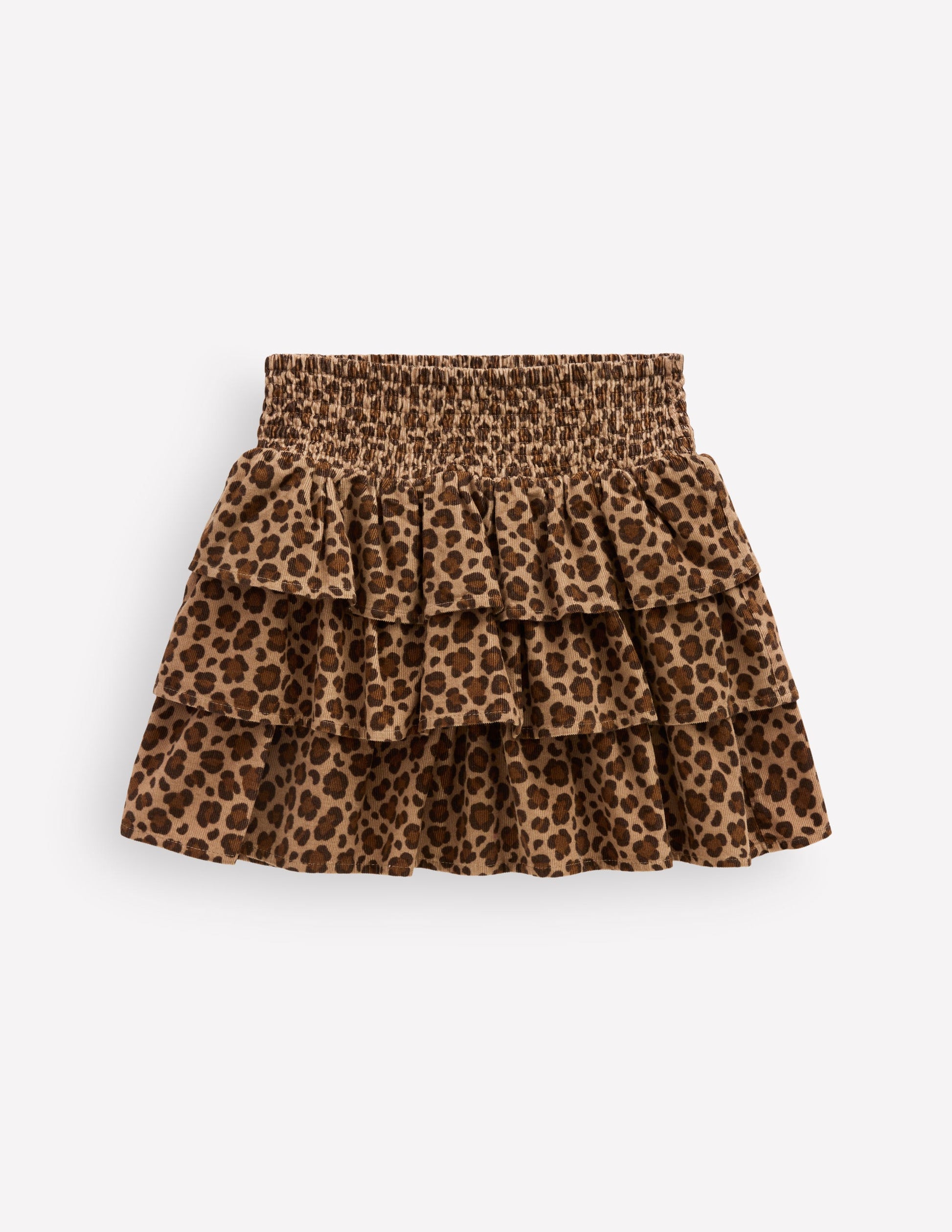 Smocked Waist Ruffle Skirt-Brown Leopard Cord-1