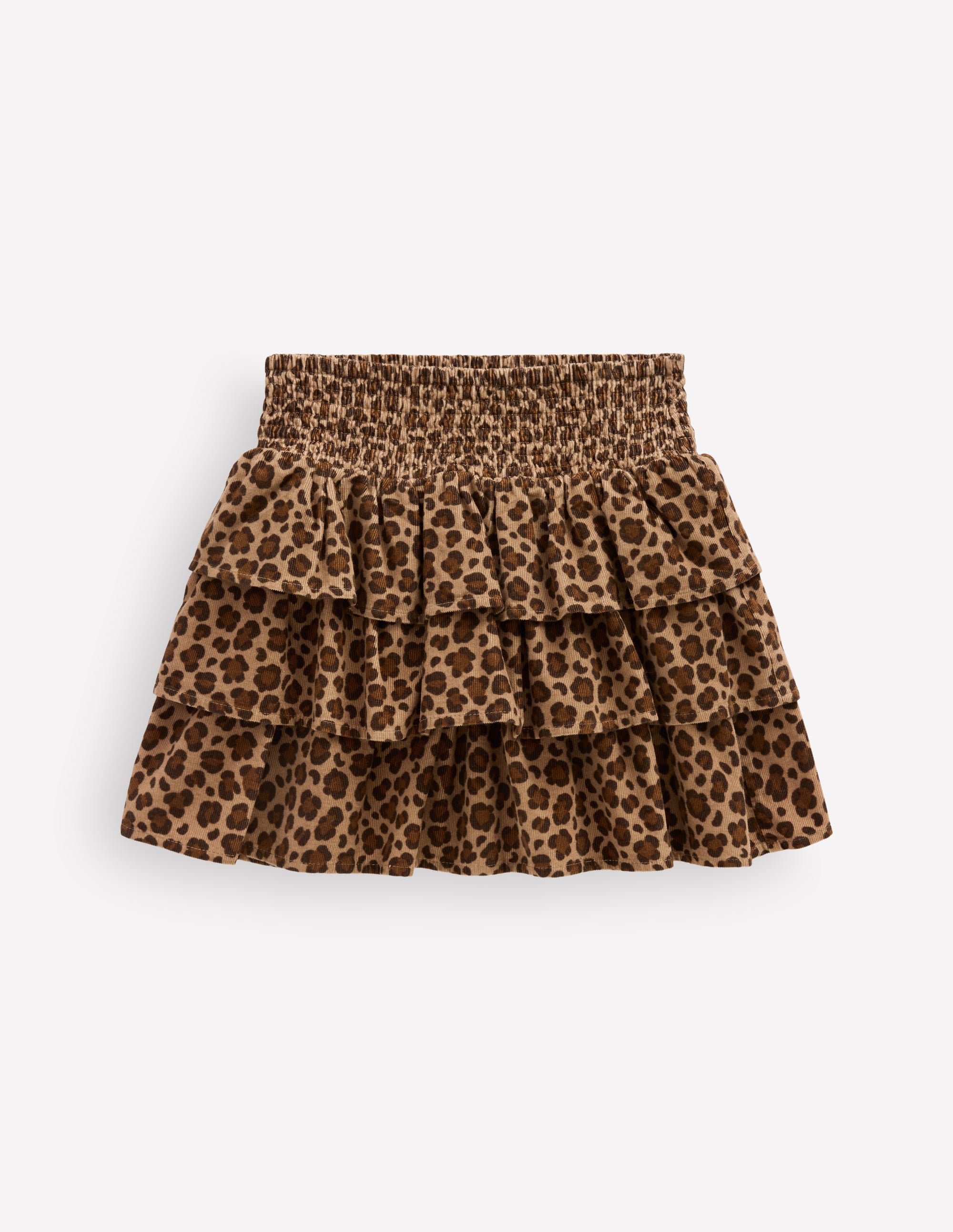 Smocked Waist Ruffle Skirt-Brown Leopard Cord - Image 1
