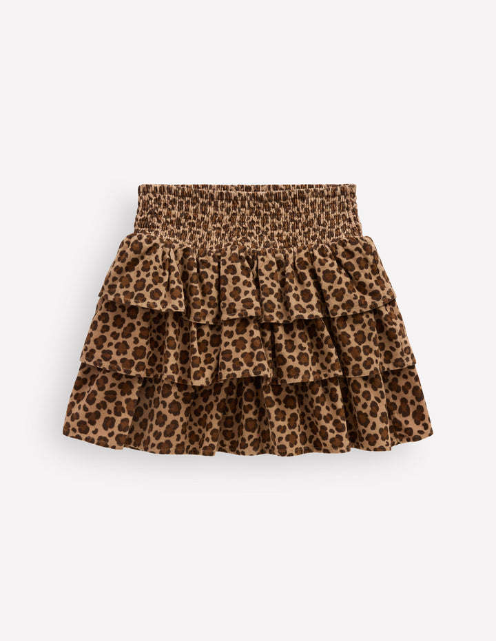 Smocked Waist Ruffle Skirt-Brown Leopard Cord