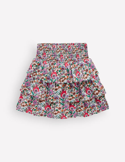 Smocked Waist Ruffle Skirt-Soft Cream Floral Field