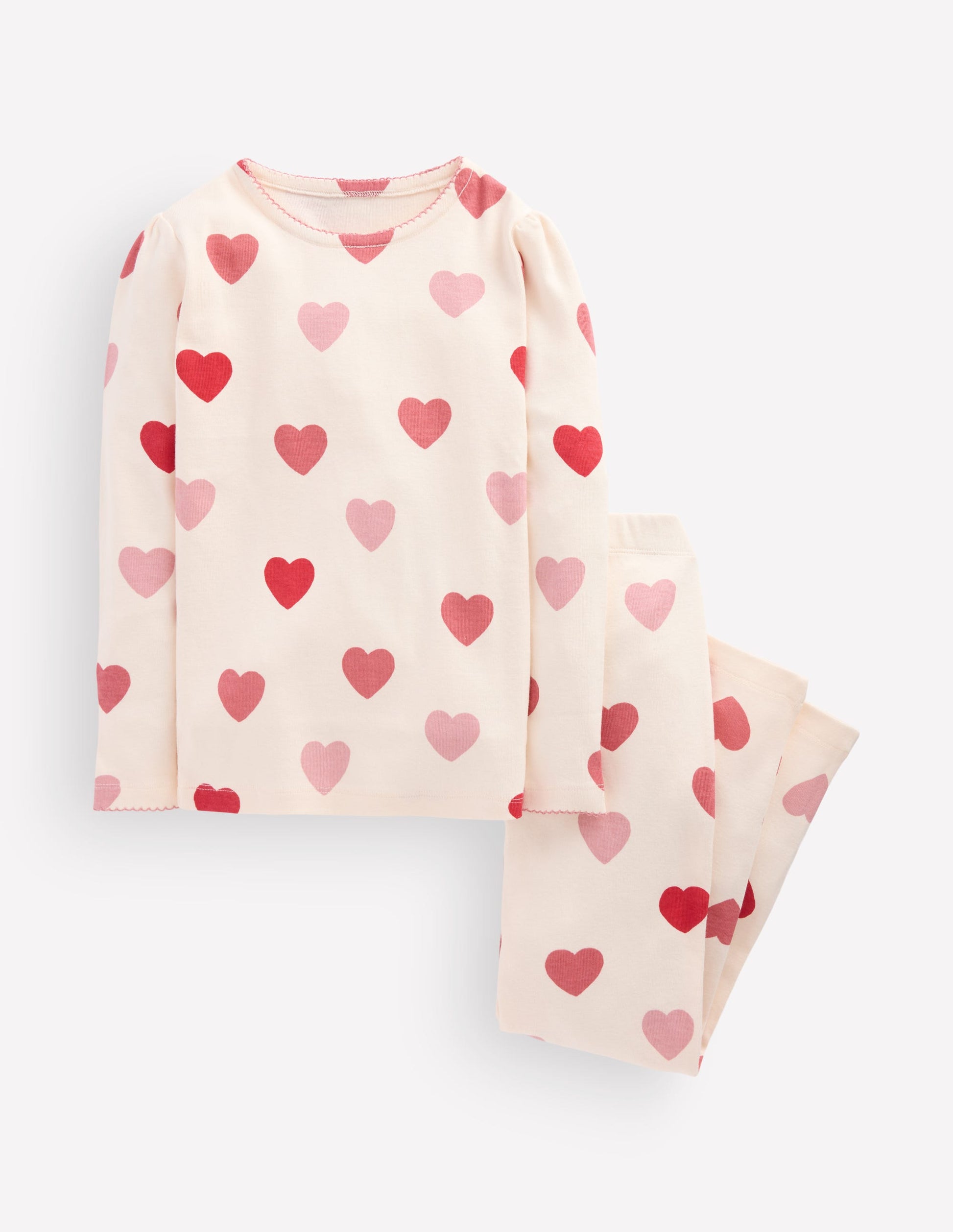 Snug Long John Pyjamas-Soft Ivory Hearts-1