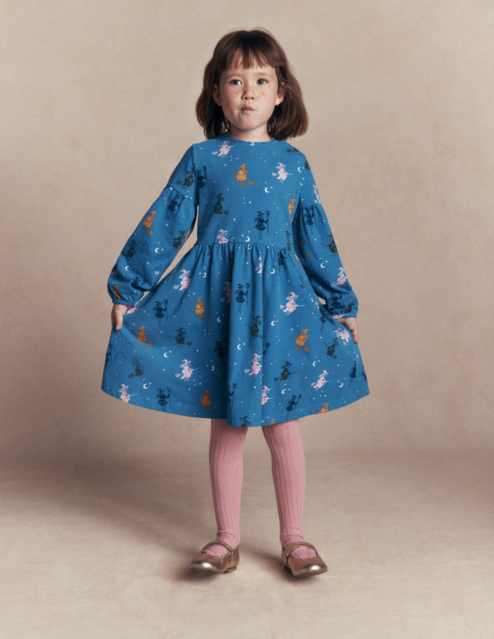 Madeline Blouson Sleeve Dress-Blue Halloween Witches