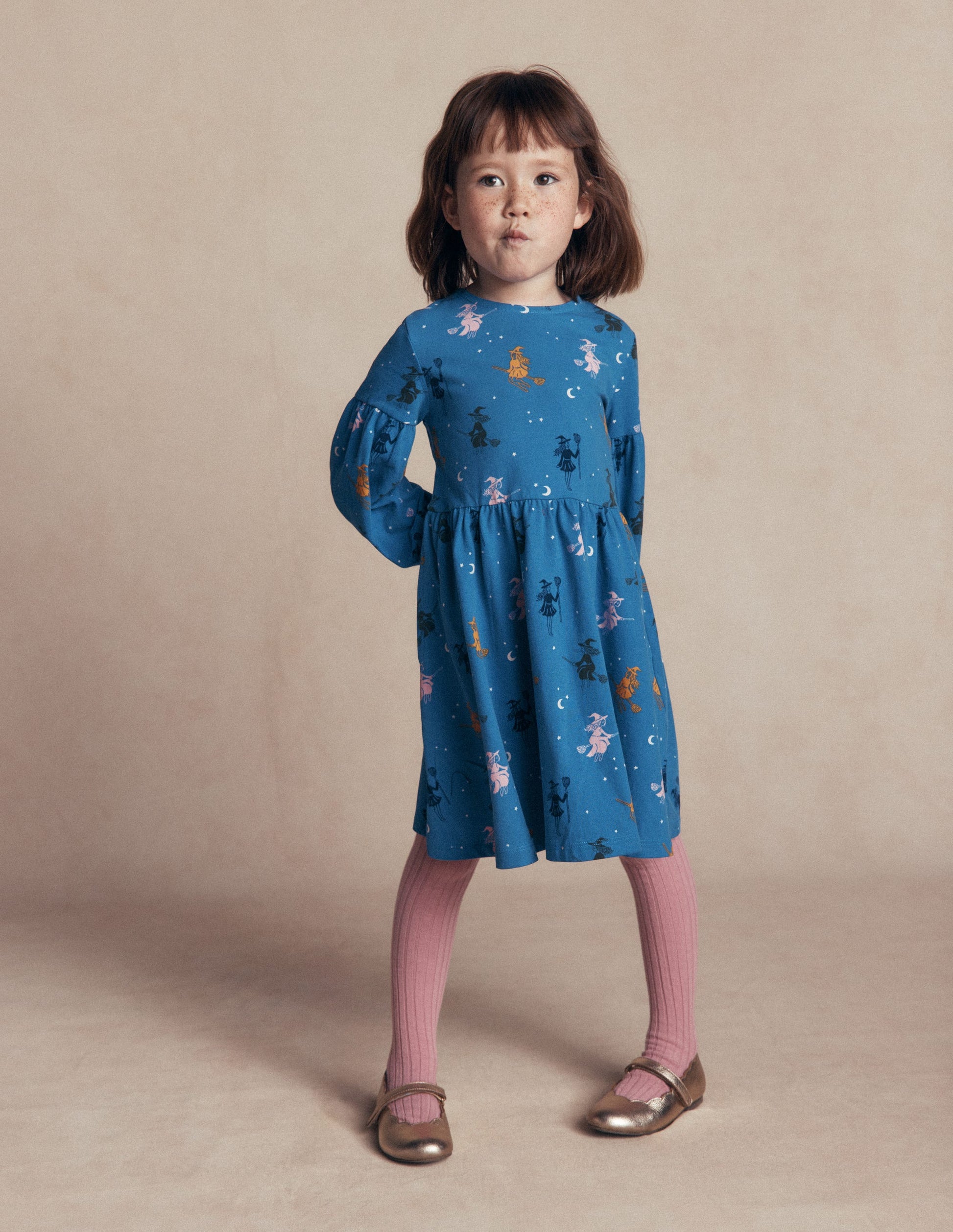 Madeline Blouson Sleeve Dress-Blue Halloween Witches-3