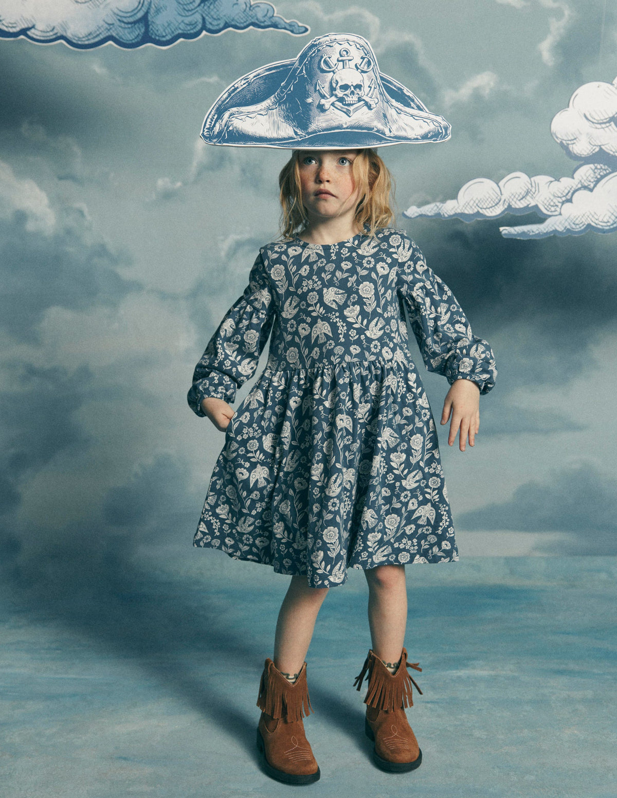 Madeline Blouson Sleeve Dress-Sapphire Blue Floral Bird-2