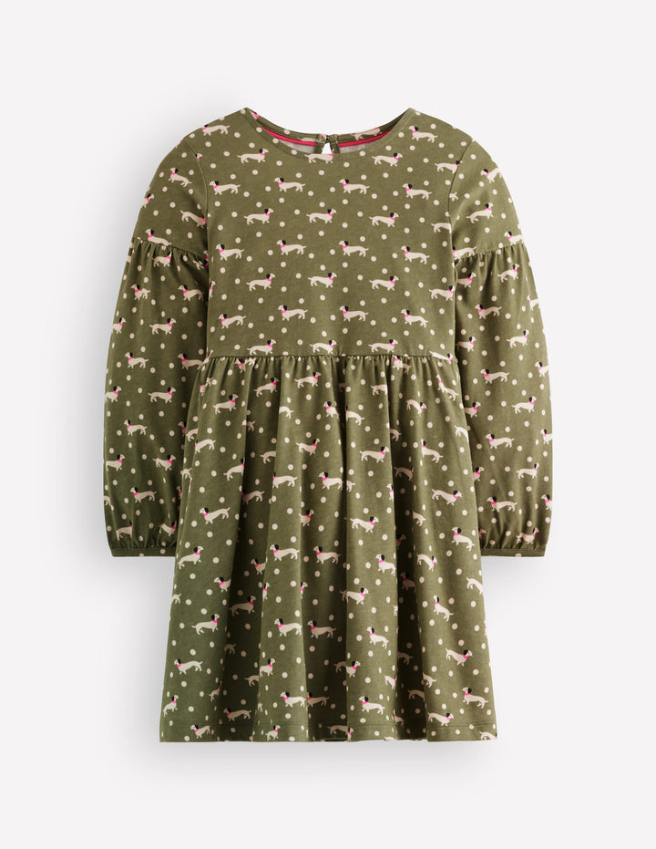 Madeline Blouson Sleeve Dress-Green Sausage Dog