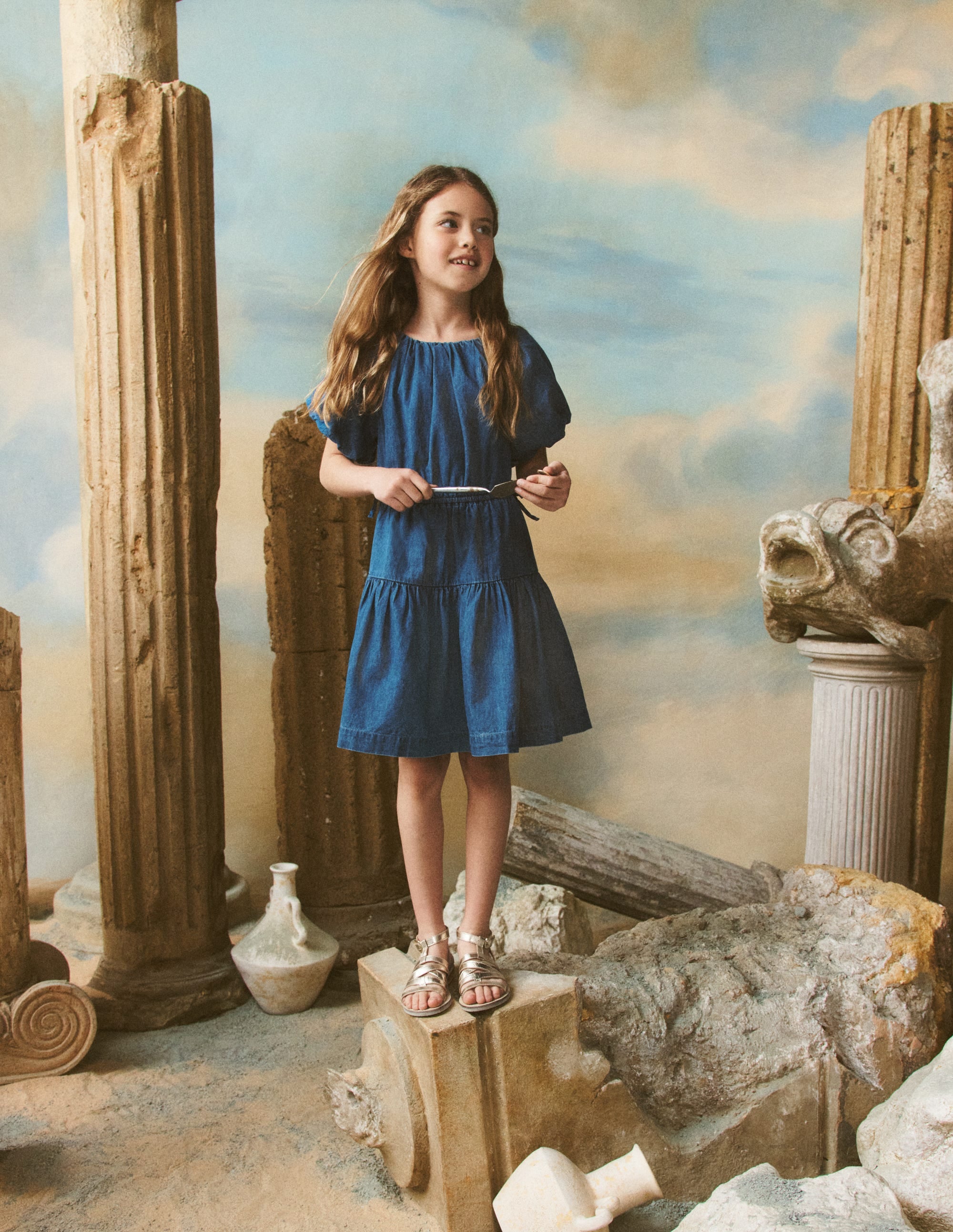 Bow Waist Woven Dress-Mid Vintage Denim - Image 1