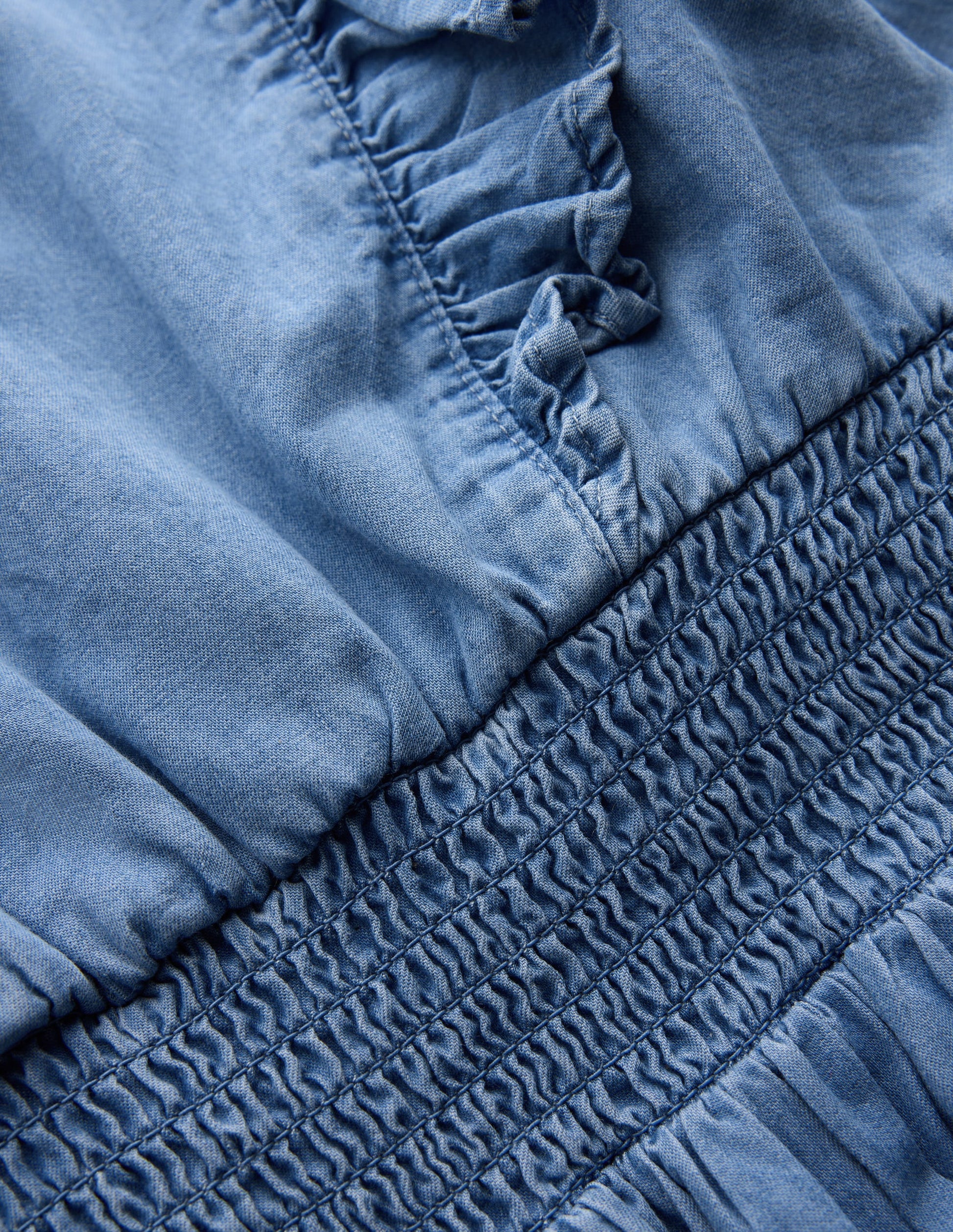 Shirred Drop Waist Dress-Light Denim-3