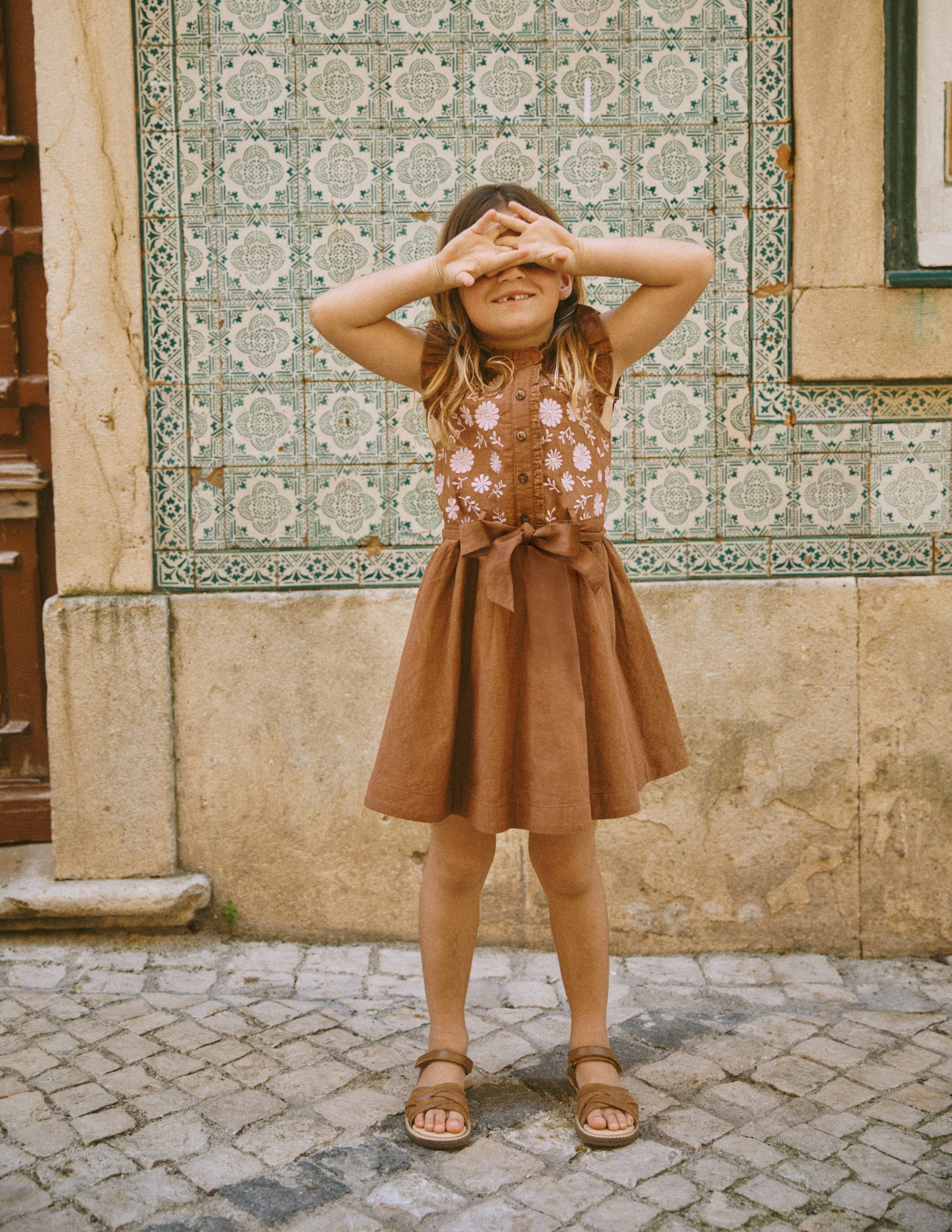 Ruffle Shirt Dress-Brown-1
