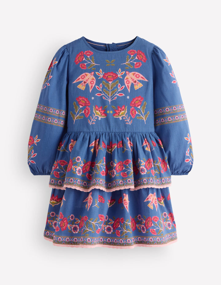 Printed Tiered Woven Dress-Blue Birds Placement
