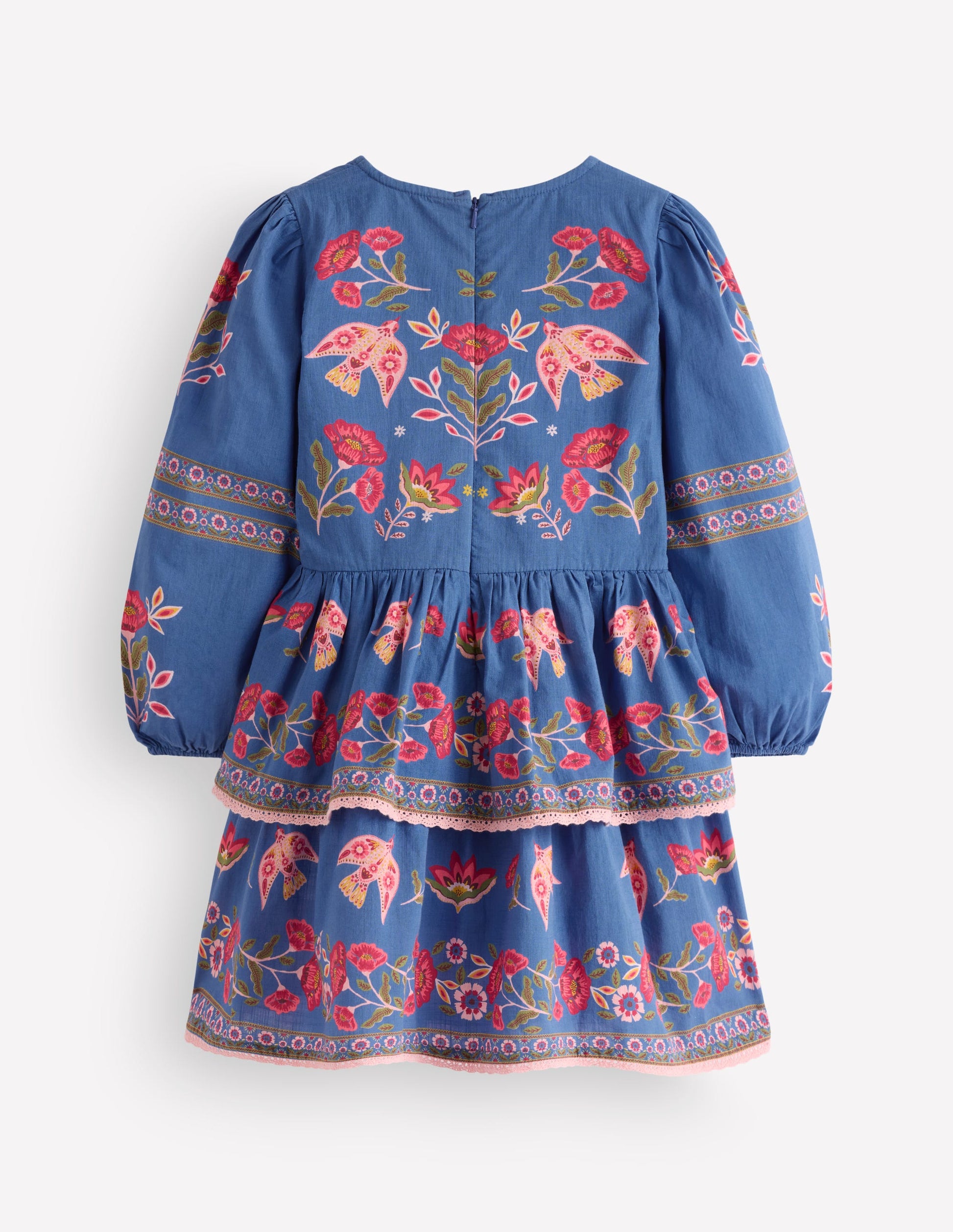 Printed Tiered Woven Dress-Blue Birds Placement-3