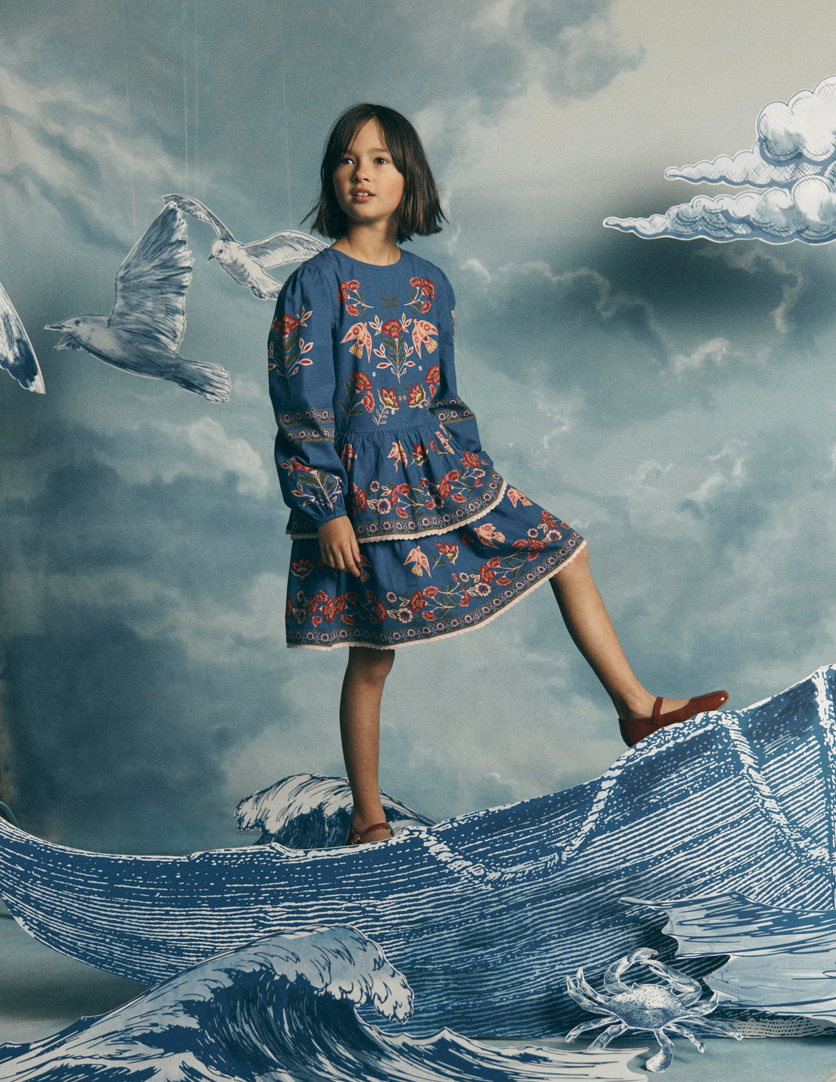 Printed Tiered Woven Dress-Blue Birds Placement-1