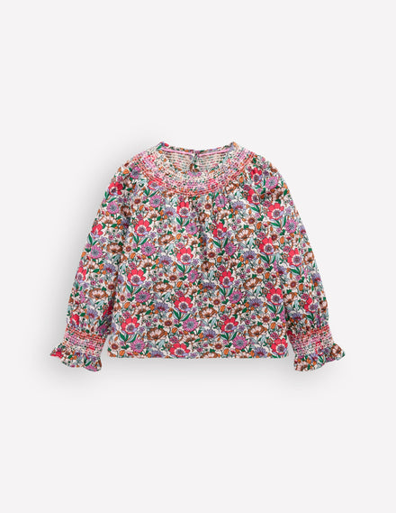 Smocked Printed Blouse-Soft Cream Floral Field