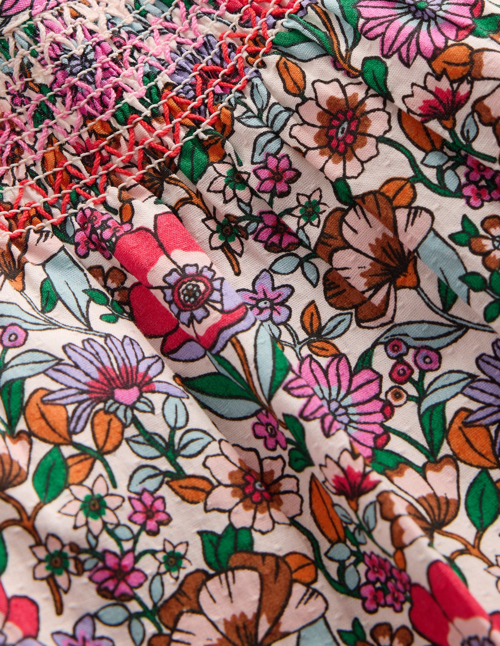 Smocked Printed Blouse-Soft Cream Floral Field-4