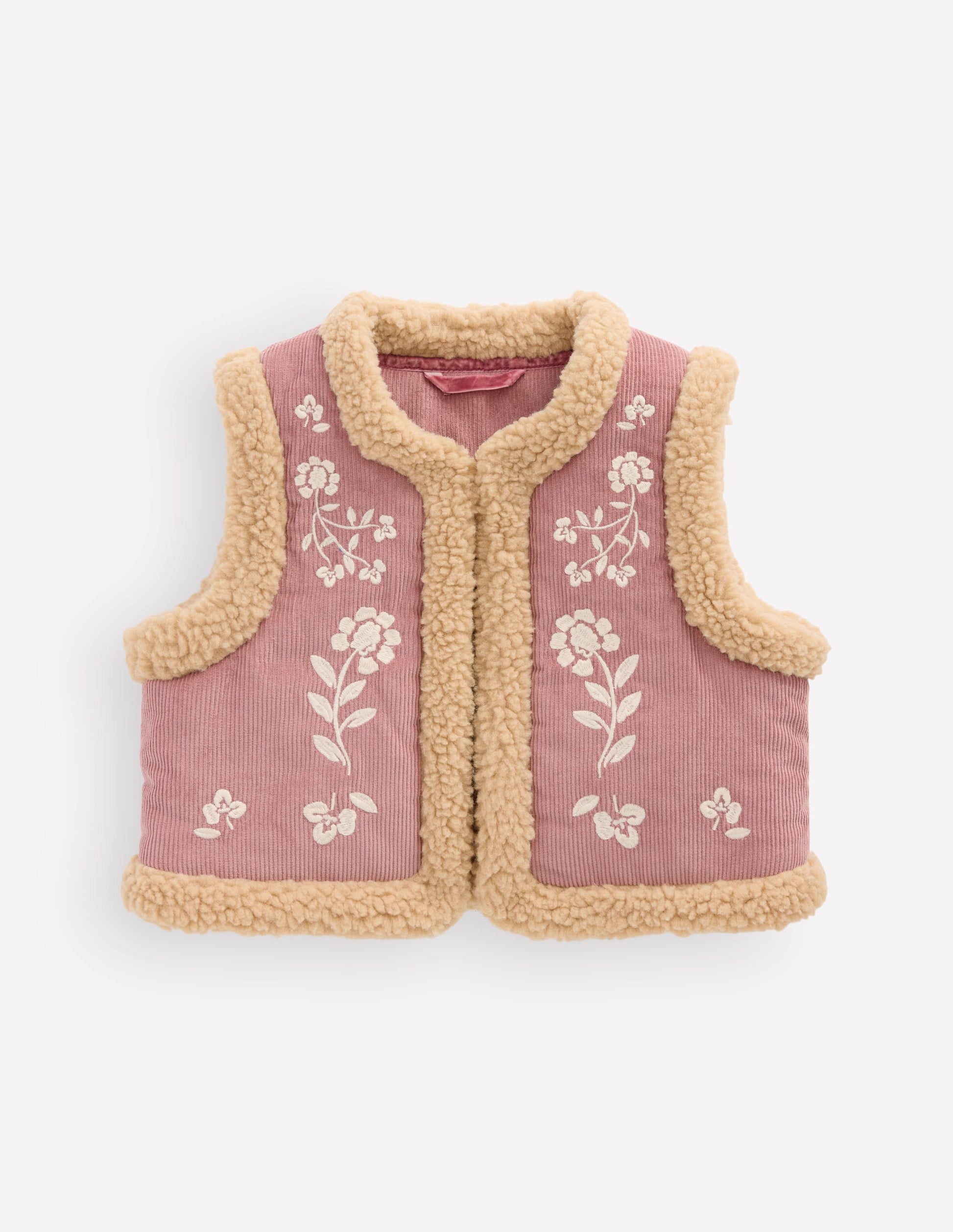 Borg Trim Gilet-Pink Floral Embroidery-2