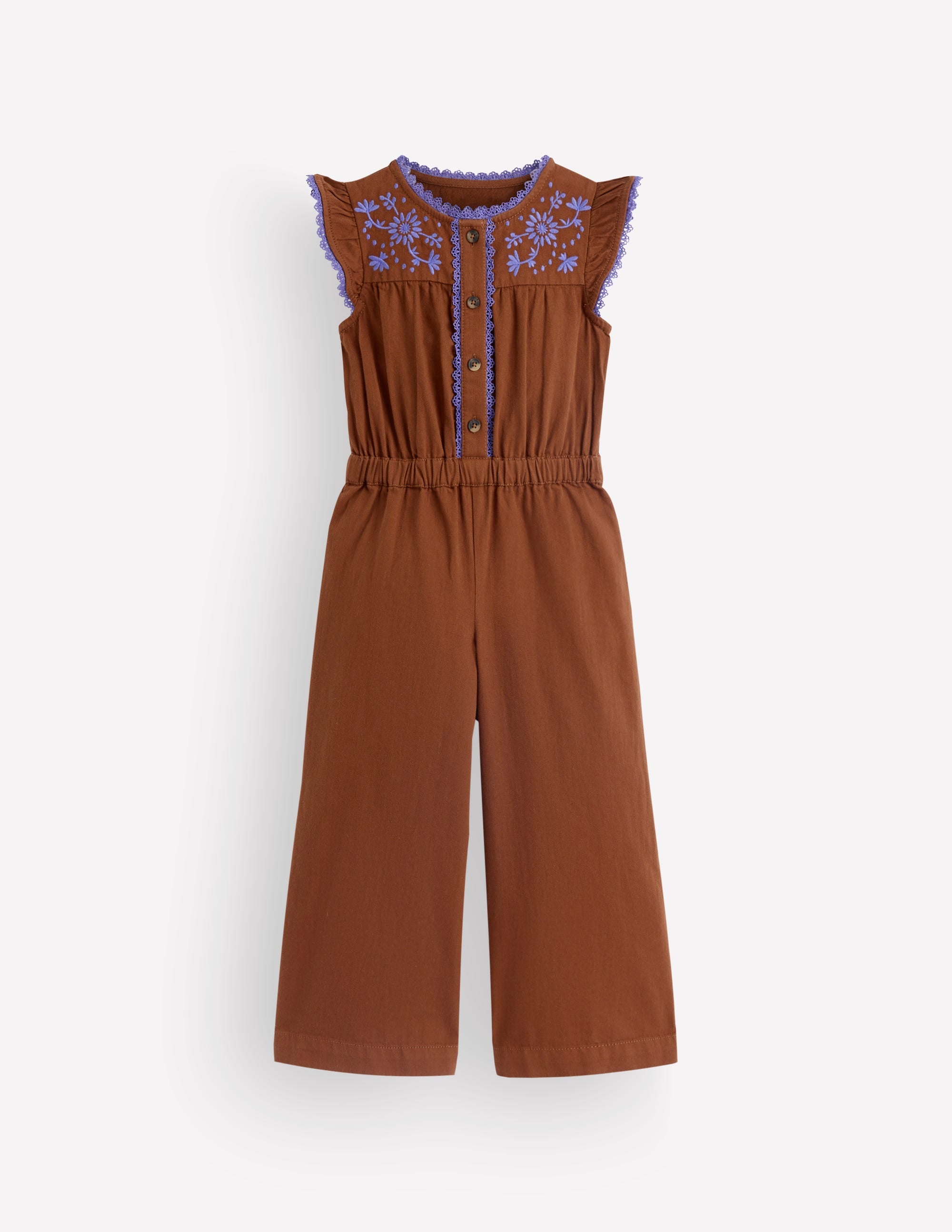 Flutter Sleeve Denim Jumpsuit-Brown Embroidery - Image 2