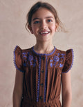 Flutter Sleeve Denim Jumpsuit-Brown Embroidery