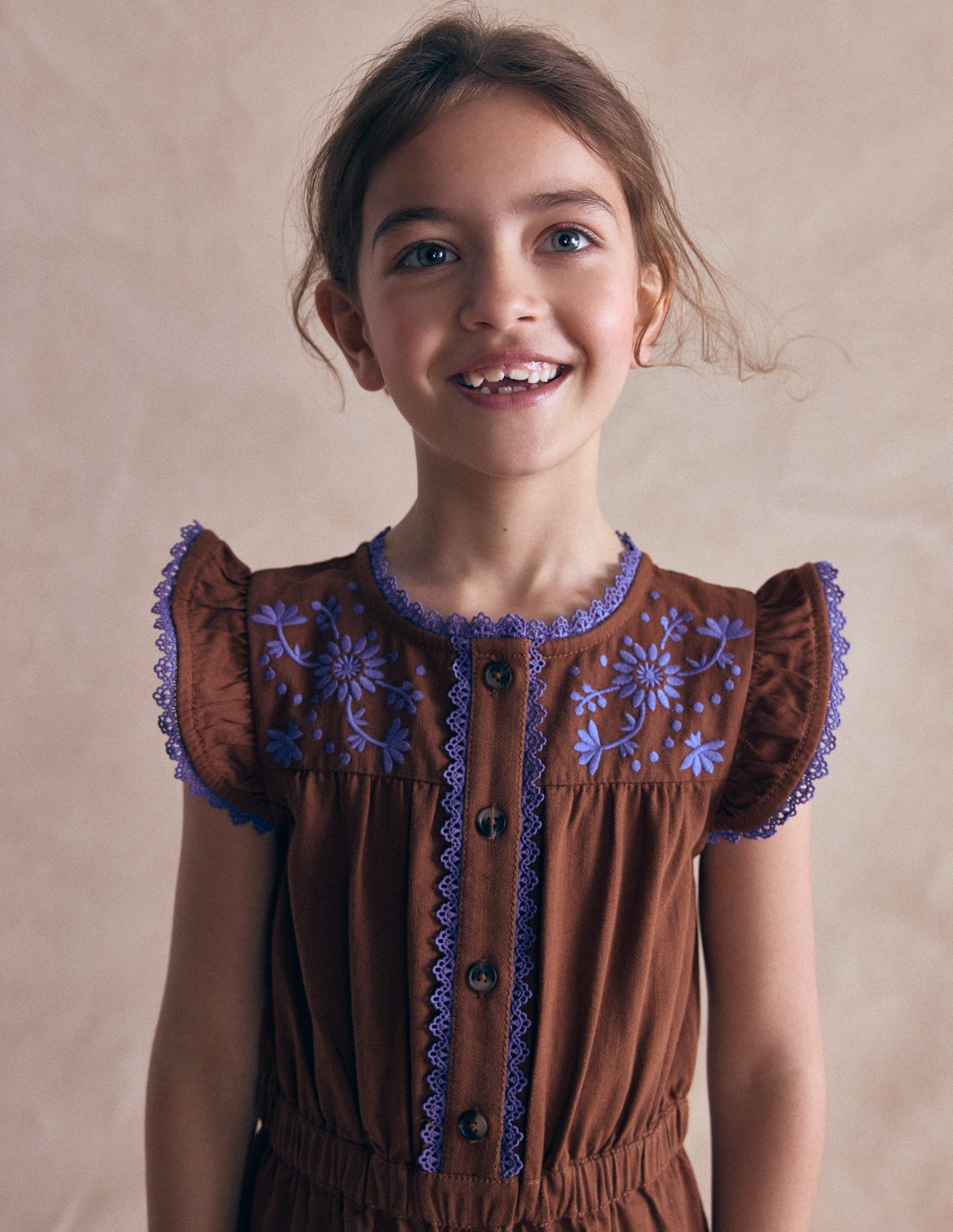 Flutter Sleeve Denim Jumpsuit-Brown Embroidery-1