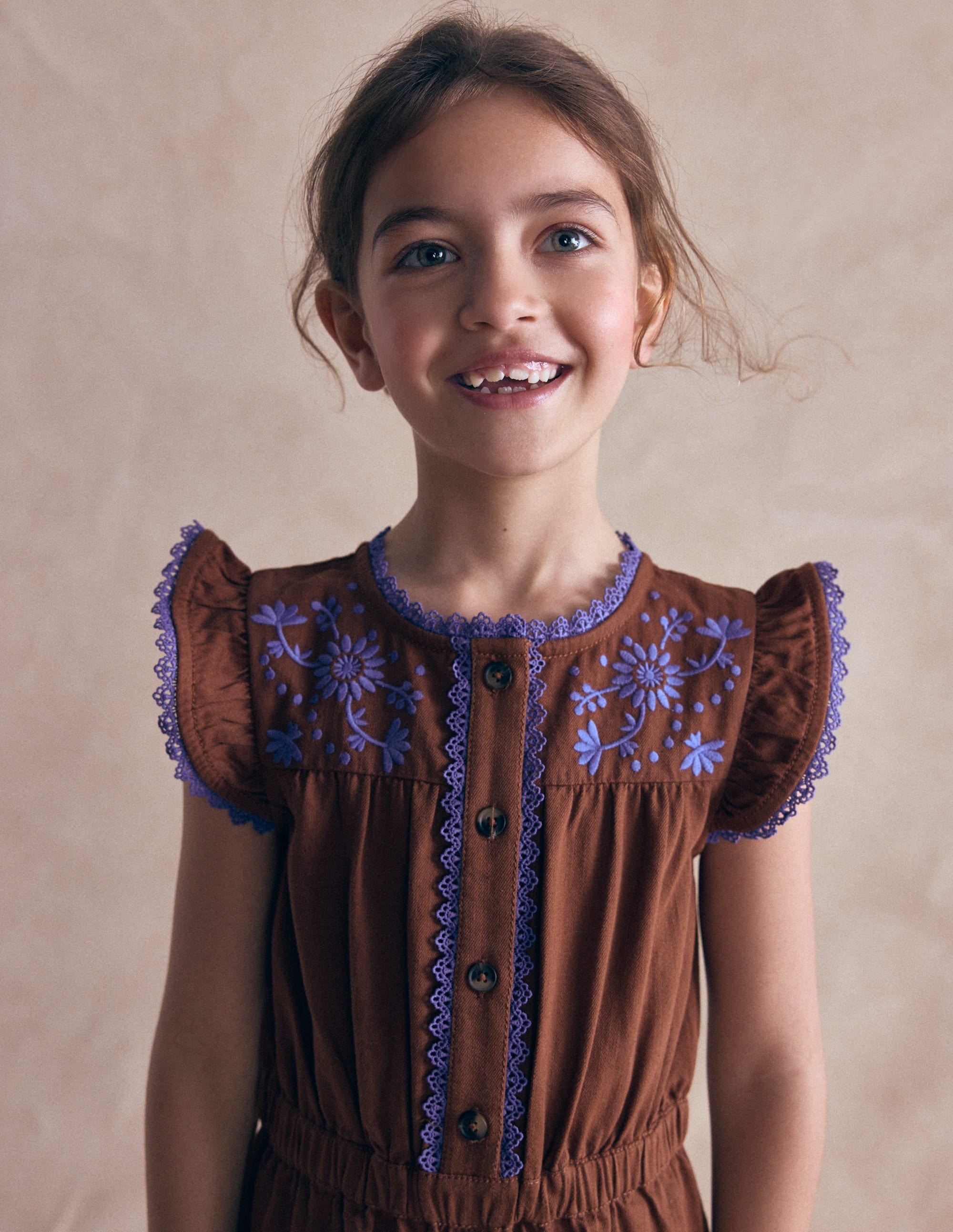 Flutter Sleeve Denim Jumpsuit-Brown Embroidery - Image 1