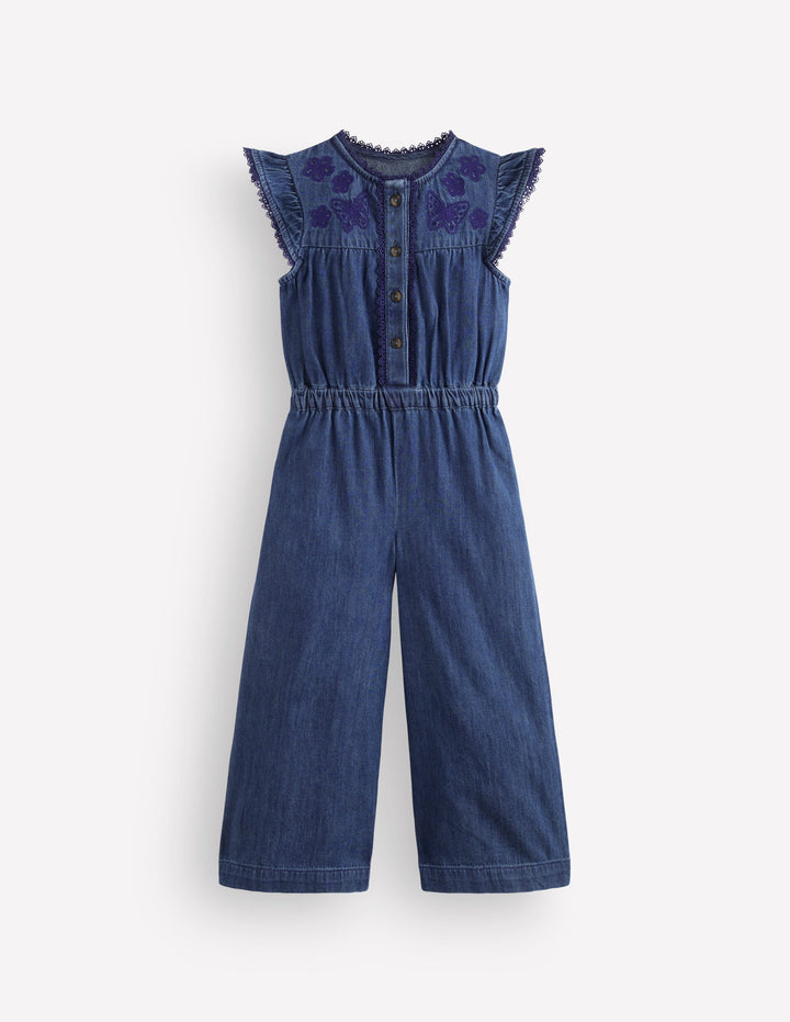 Flutter Sleeve Denim Jumpsuit-Mid Vintage