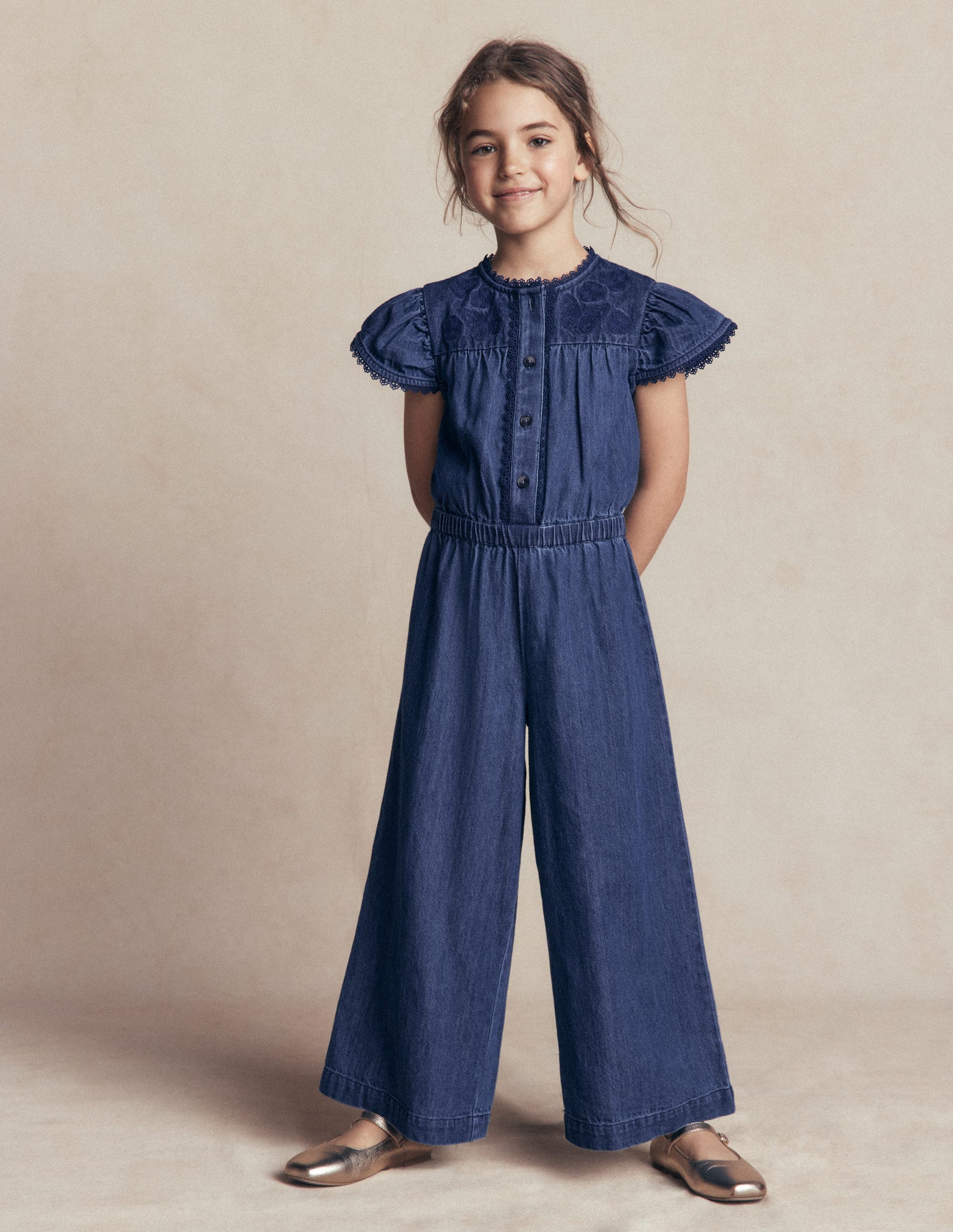 Flutter Sleeve Denim Jumpsuit-Mid Vintage-1