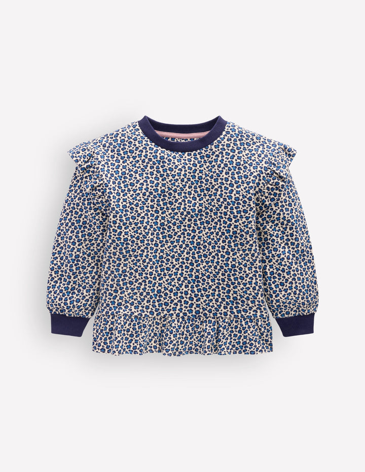 Pretty Frill Sweatshirt-Calico White/ Blue Leopard
