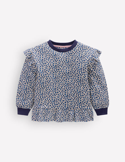 Pretty Frill Sweatshirt-Calico White/ Blue Leopard