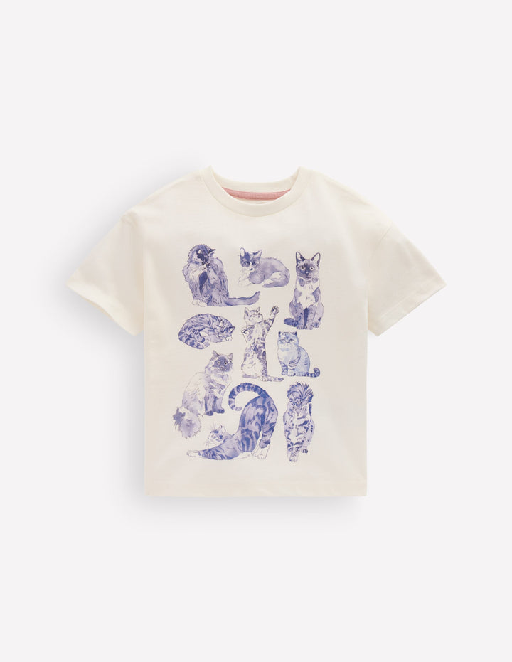 Short Sleeve Printed T-shirt-Soft Ivory Cats