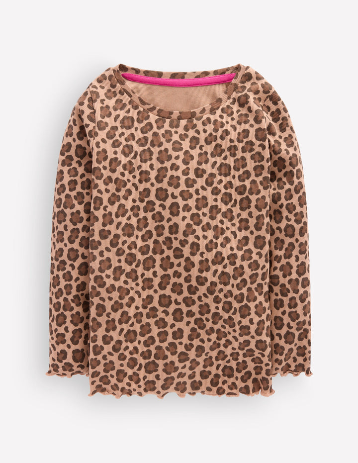 Ribbed Long Sleeve T-shirt-Milk Chocolate Brown leopard