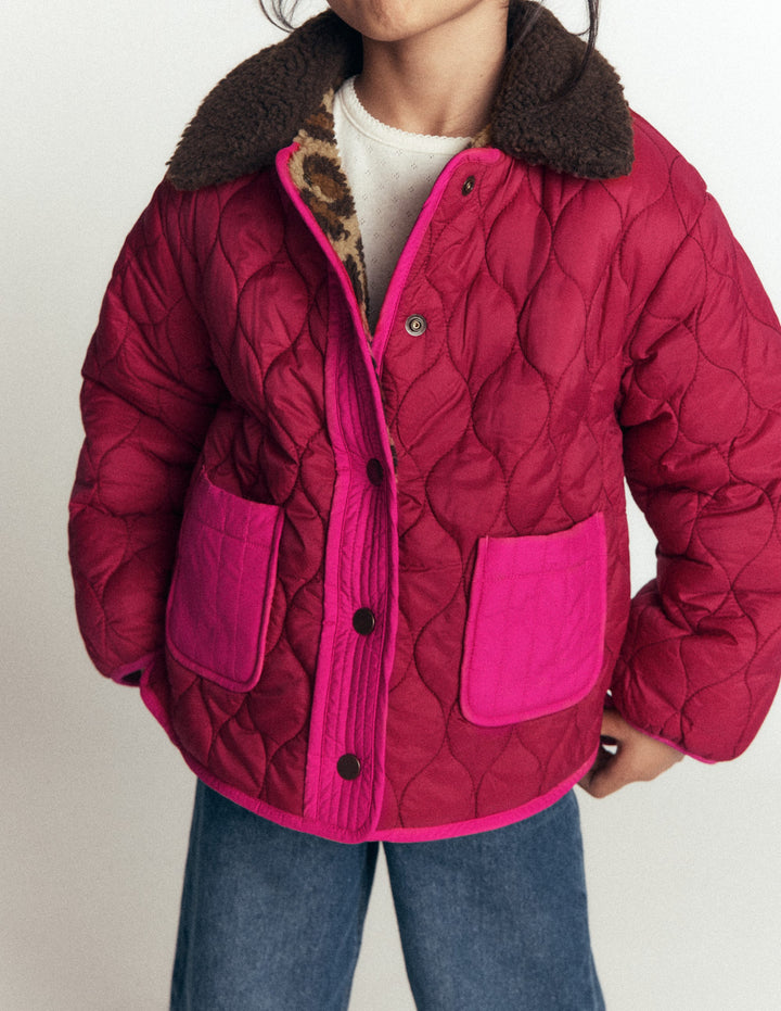Reversible Borg Quilted Jacket-Leopard Multi