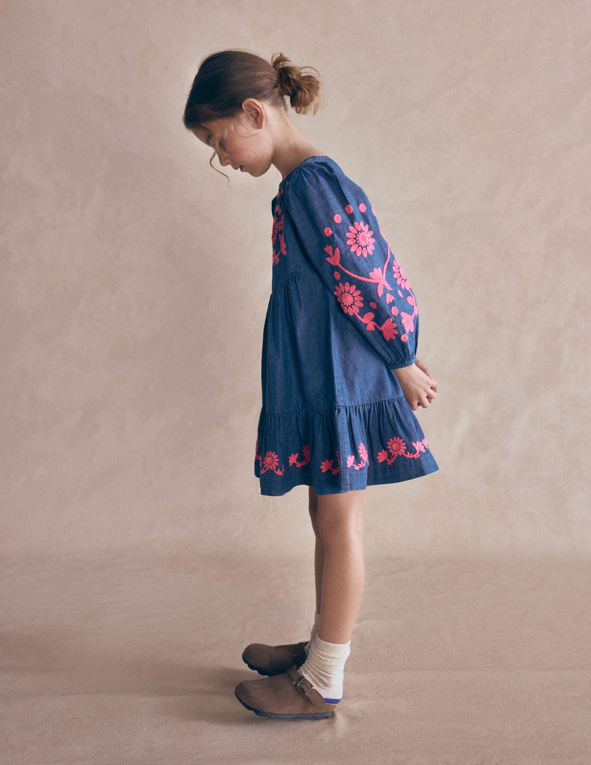 Celia Wing Sleeve Dress-Denim Pink Embroidery - Image 1