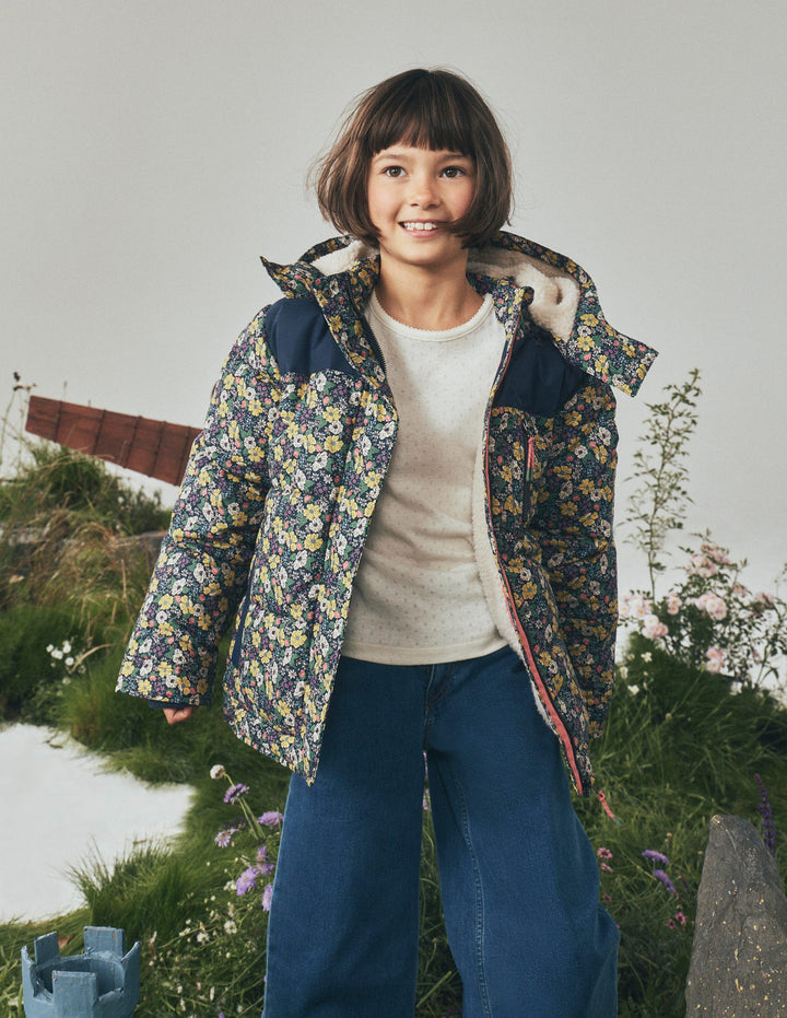 Borg Lined Puffer Coat-French Navy Mixed Flowerbed